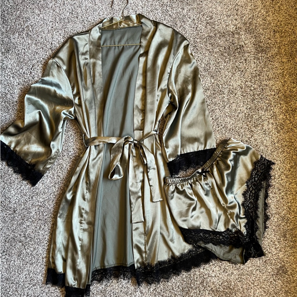Green Satin Robe and Matching Shorts with lace trim